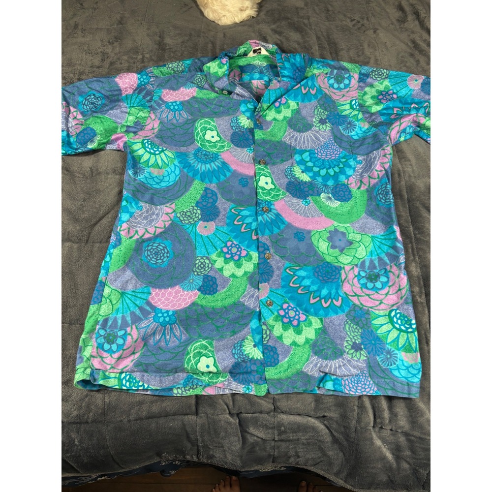 Paradise Hawaii Mens Psychedelic Floral Aloha Shirt Blue Green Pink Made in HI